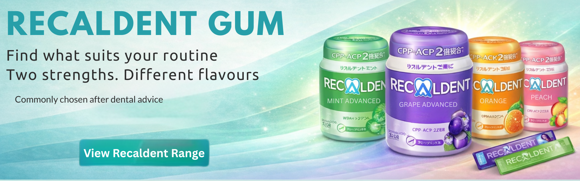 Recaldent sugar-free chewing gum with CPP-ACP, showing PLUS and Everyday ranges in multiple flavours for daily oral care and dry mouth support.