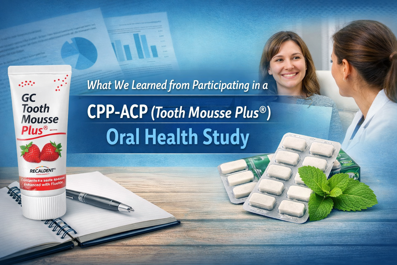 Banner image showing GC Tooth Mousse Plus® and Recaldent® chewing gum alongside a dental consultation, representing a CPP-ACP oral health research study.