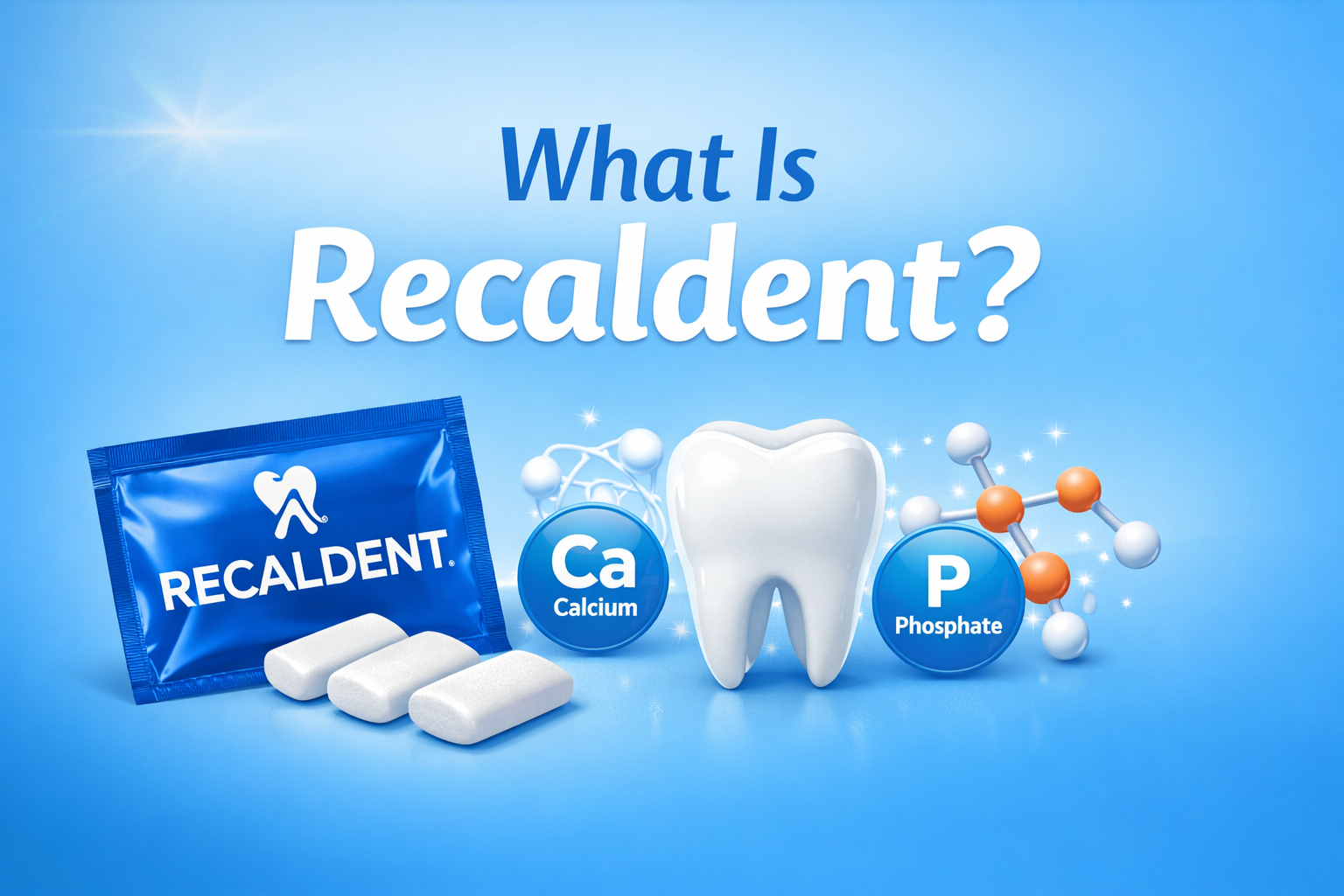 Banner image for blog article ‘What Is Recaldent?’ showing Recaldent chewing gum pieces, a tooth illustration, and calcium and phosphate icons on a blue gradient background.