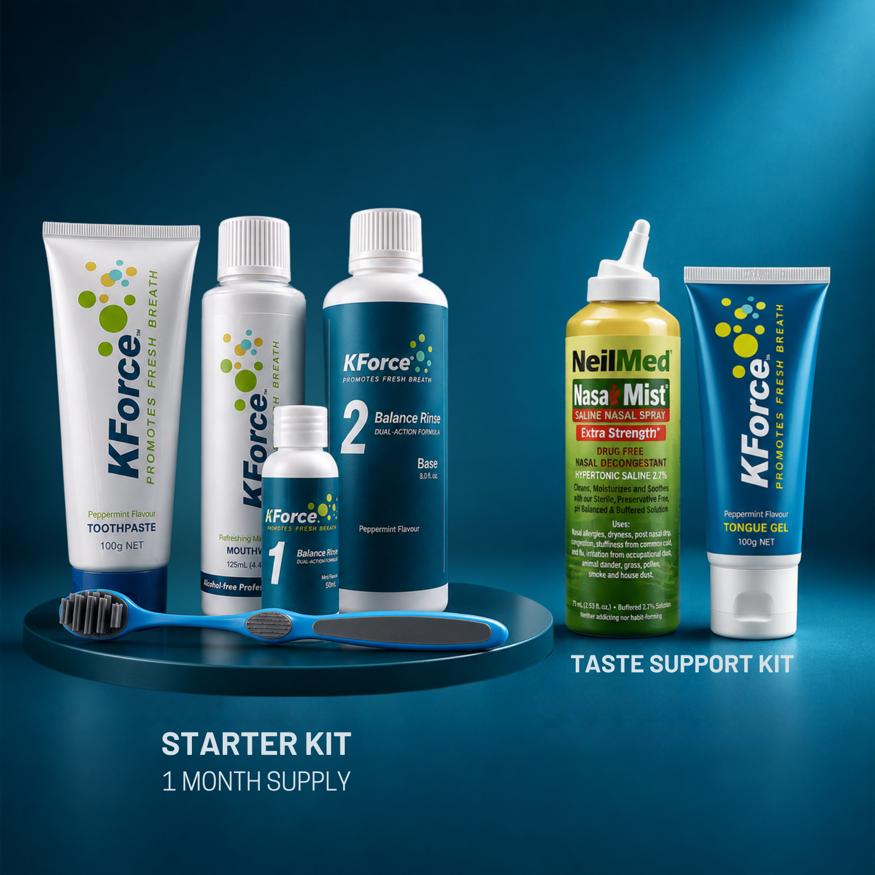 A KForce tooth care starter kit displayed on a blue gradient background. The set includes a toothpaste tube, mouthwash bottle, oral rinse bottle, mouthwash cap, nasal mist bottle, and tongue gel tube, arranged on a round platform with a toothbrush.