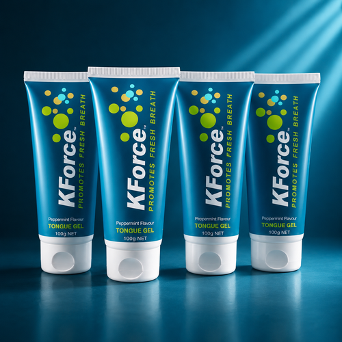 Four tubes of KForce Peppermint Flavour Tongue Gel arranged in a row on a dark blue gradient background with light rays.