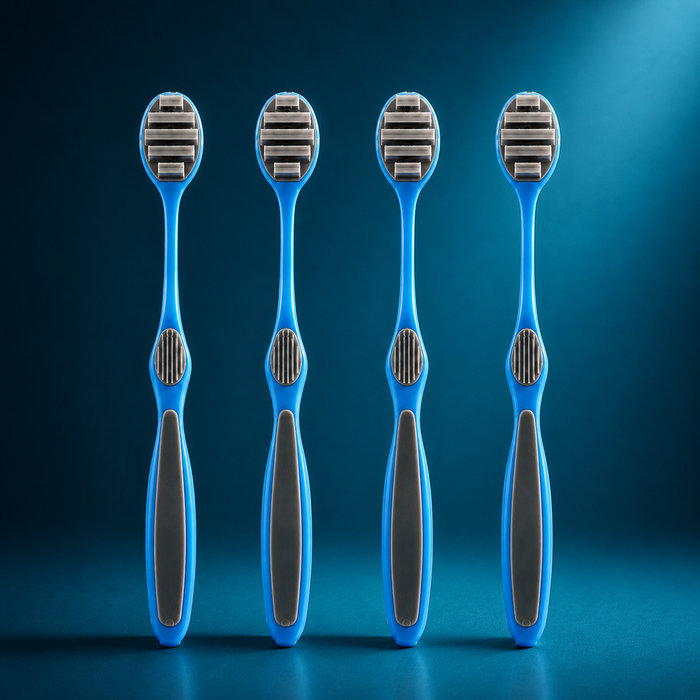 Four blue electric toothbrushes with gray and silver bristles are lined up vertically against a dark blue gradient background.