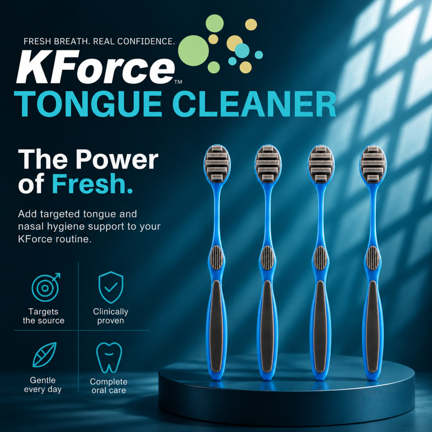 Four blue and black KForce tongue cleaner toothbrushes displayed on a dark round pedestal against a blue background with promotional text and icons.
