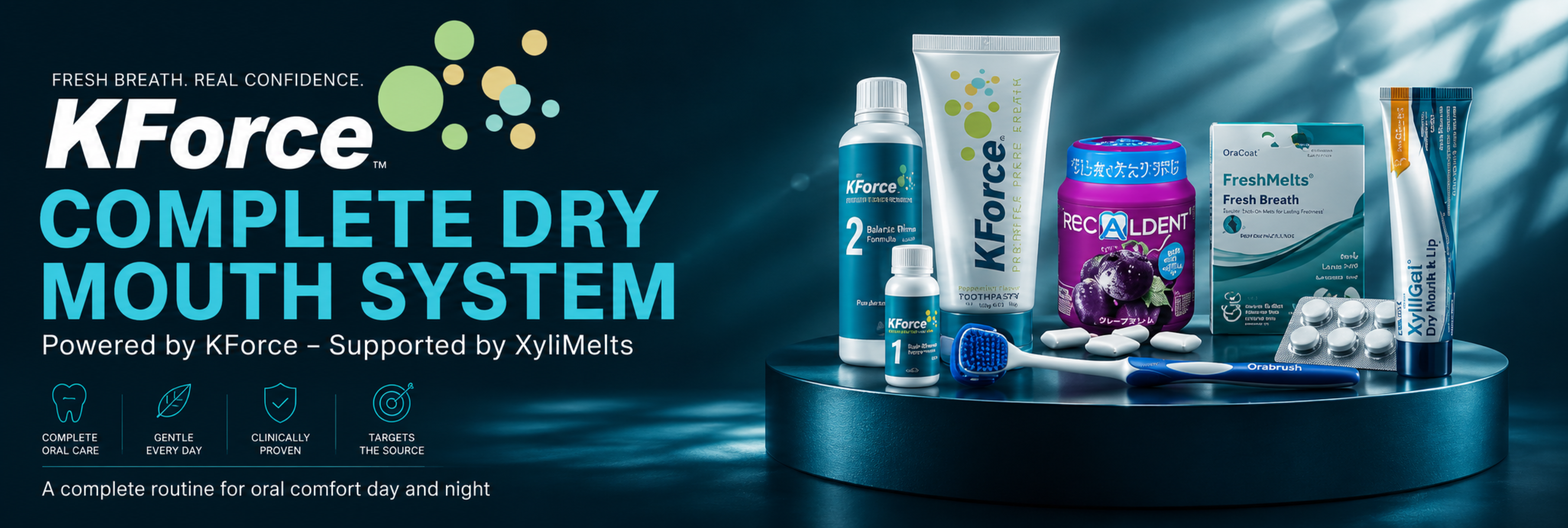 KForce Complete Dry Mouth System promotional banner showing multiple oral care products arranged on a dark pedestal against a blue graphic background. Visible products include a blue KForce bottle, a white tube, a purple container, a small blue bottle, and other dental care items.