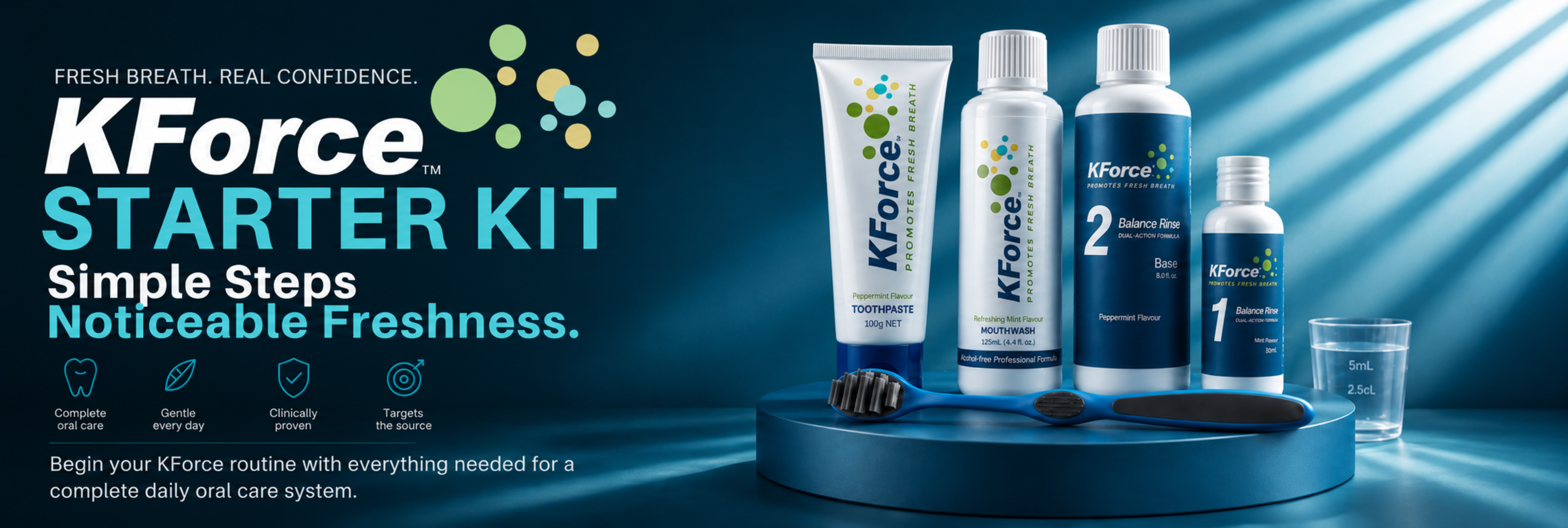 KForce Starter Kit oral care products displayed on a blue pedestal against a dark blue background with light rays. The kit includes a tube, a medium bottle, a small bottle, and a measuring cup, with text on the left describing the simple steps routine.