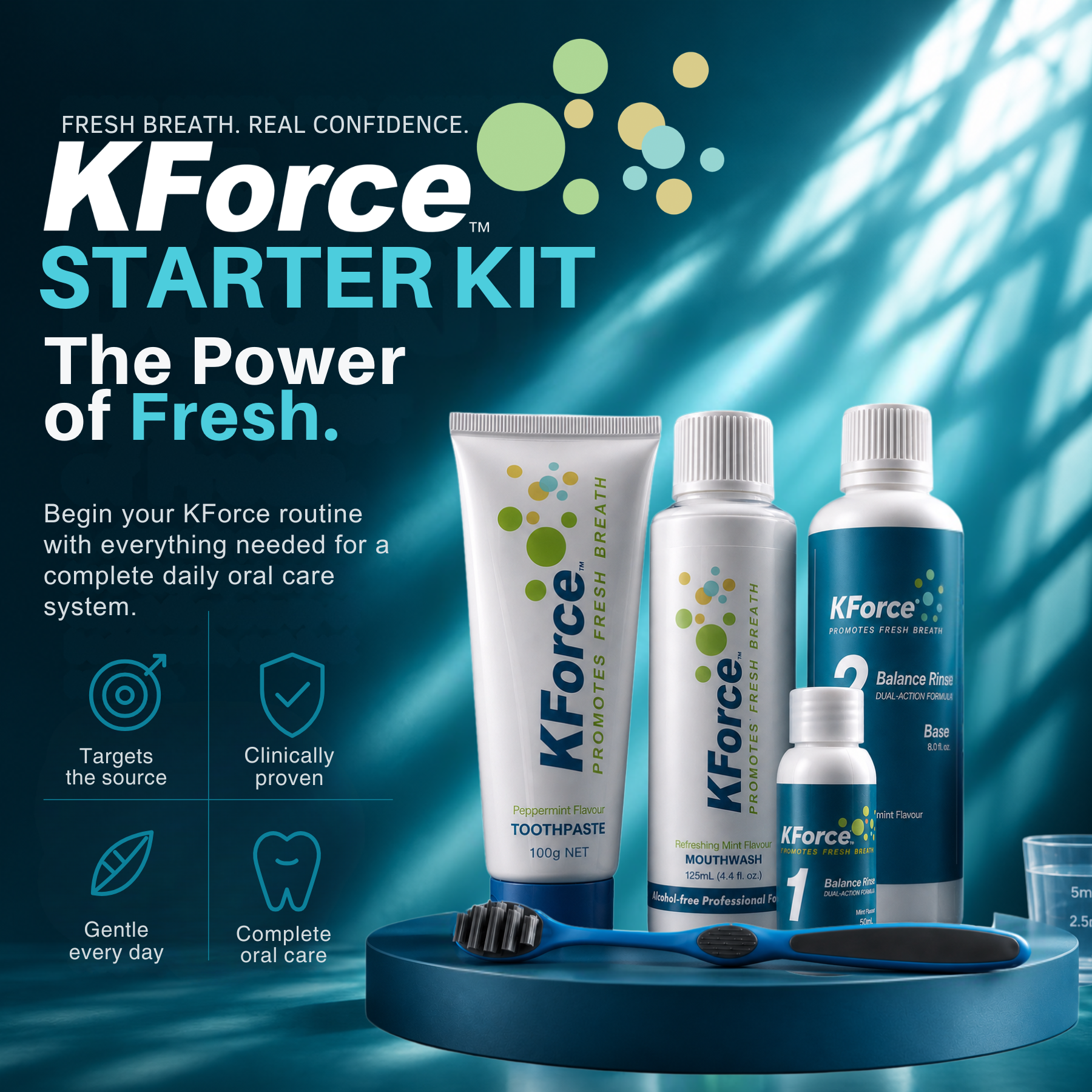 KForce Starter Kit daily oral care set displayed on a blue gradient background. The kit includes a toothpaste tube, mouthwash bottle, fluoride mouthwash bottle, and a small spray bottle, along with a toothbrush resting on a blue tray.