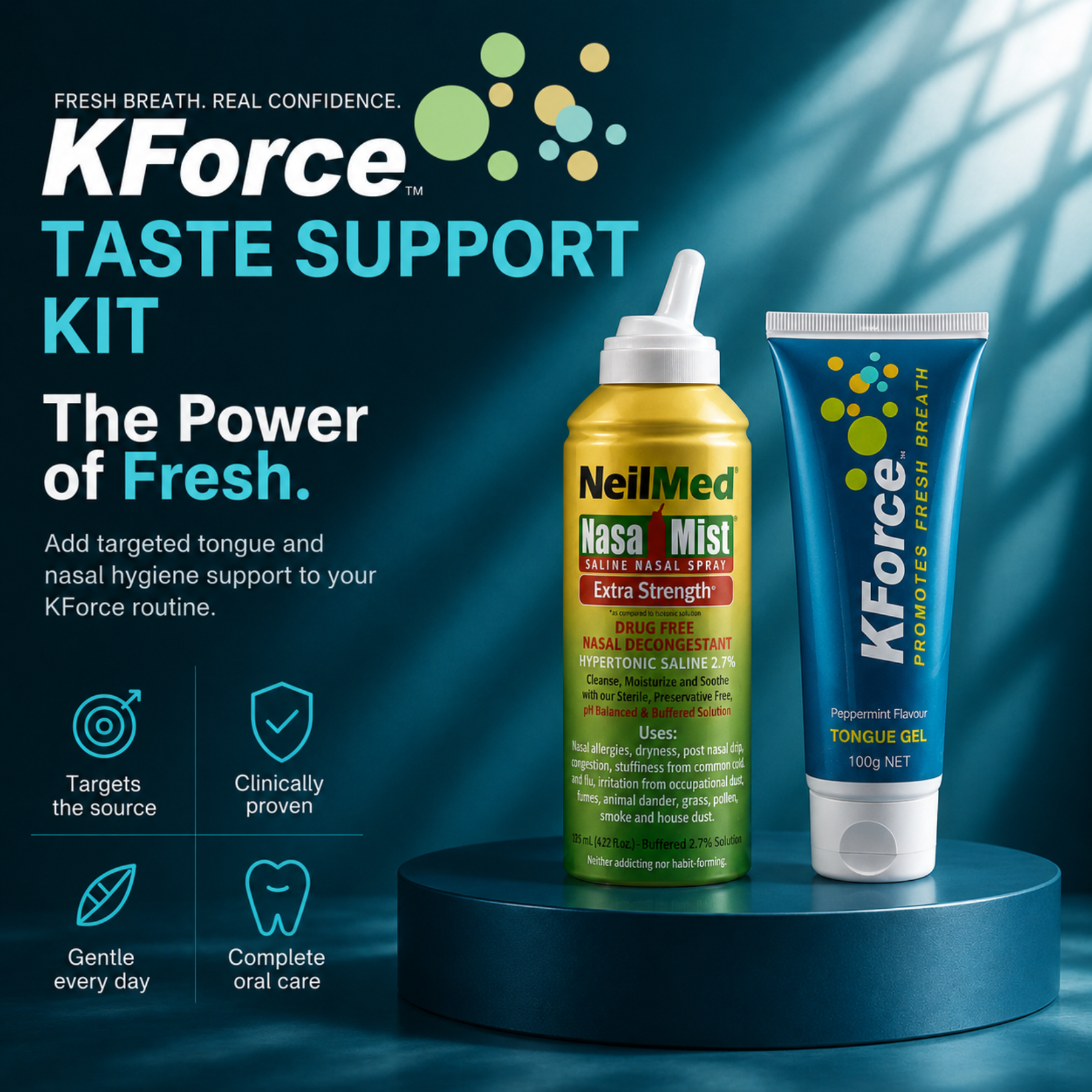 KForce Taste Support Kit by NeilMed, featuring a yellow Nasal Mist bottle and a blue Tongue Gel tube displayed on a dark blue pedestal against a dark teal background with promotional text and icons.