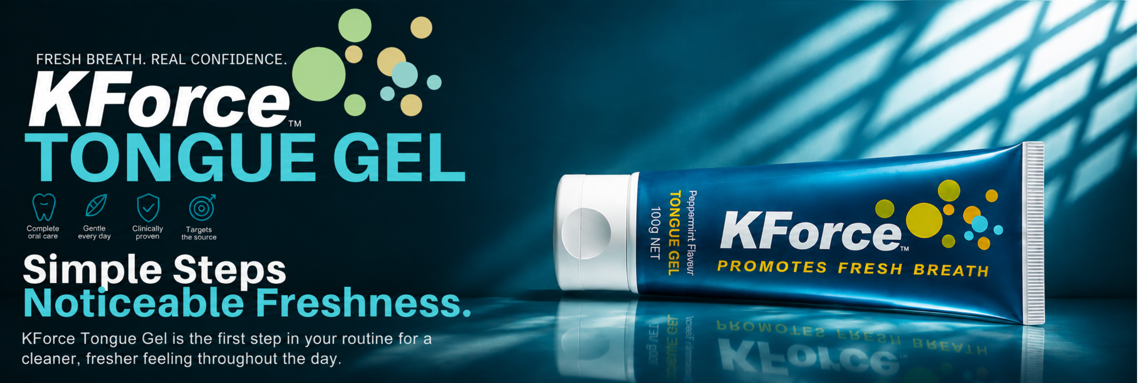 KForce Tongue Gel tube on a dark blue reflective background with promotional text and graphic elements.