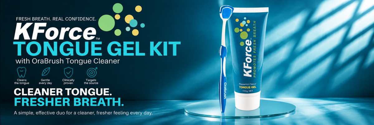 KForce Tongue Gel Kit with OraBrush Tongue Cleaner, featuring a blue and white tube and matching toothbrush on a reflective blue surface against a dark blue background with light streaks.