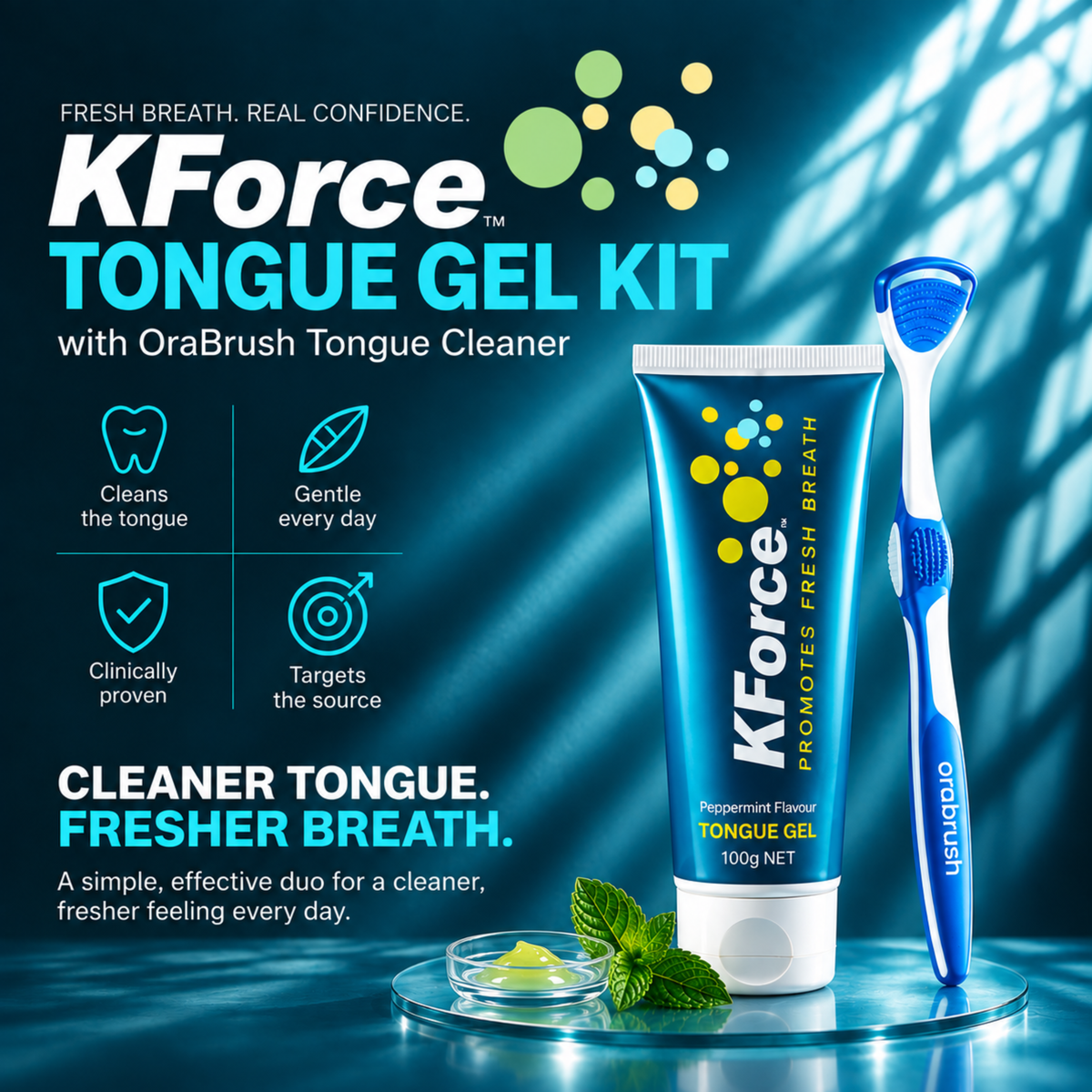 KForce Tongue Gel Kit featuring a blue tube of tongue gel and an OraBrush tongue cleaner, displayed on a reflective glass plate against a dark blue background with light streaks.