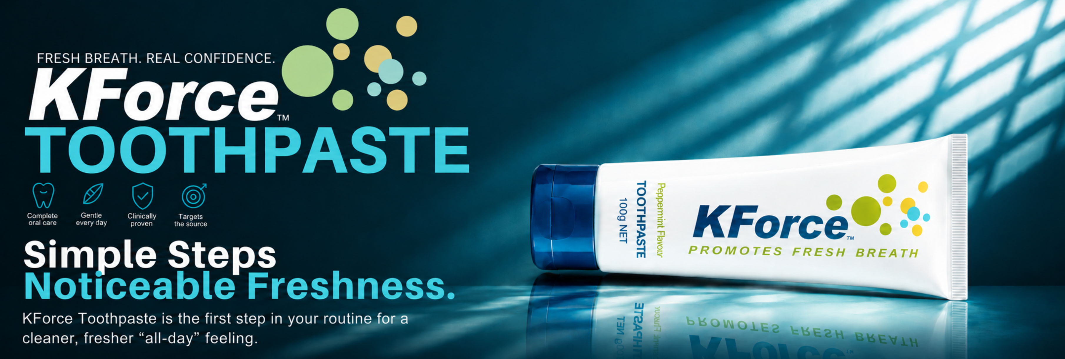 KForce Toothpaste tube on a dark blue reflective surface with promotional text and graphics. The tube is white with a blue cap and multicolor circular accents, and the background features abstract light streaks.