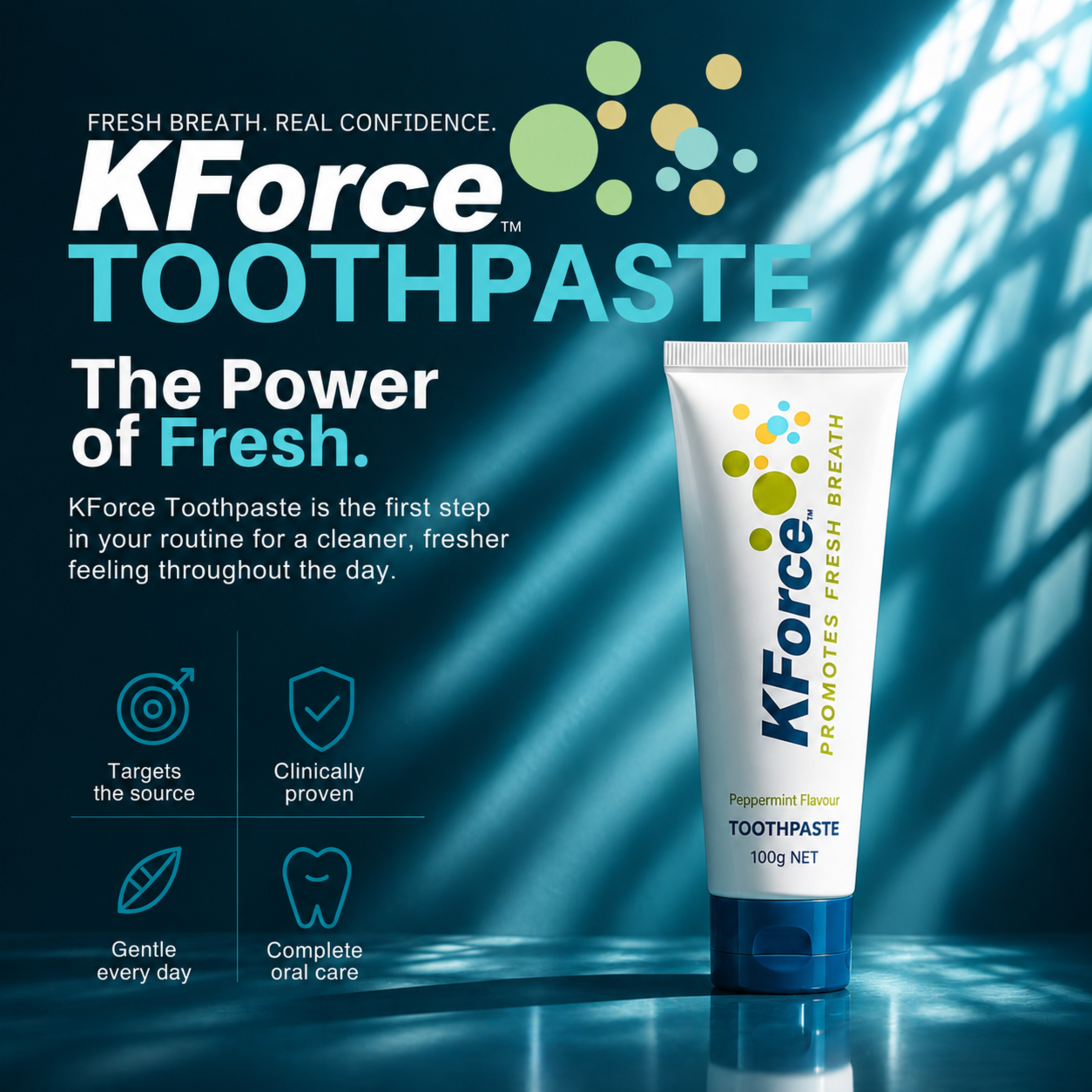 KForce Toothpaste tube on a dark blue promotional background with text and feature icons. The tube is white with blue and green branding and a blue cap.
