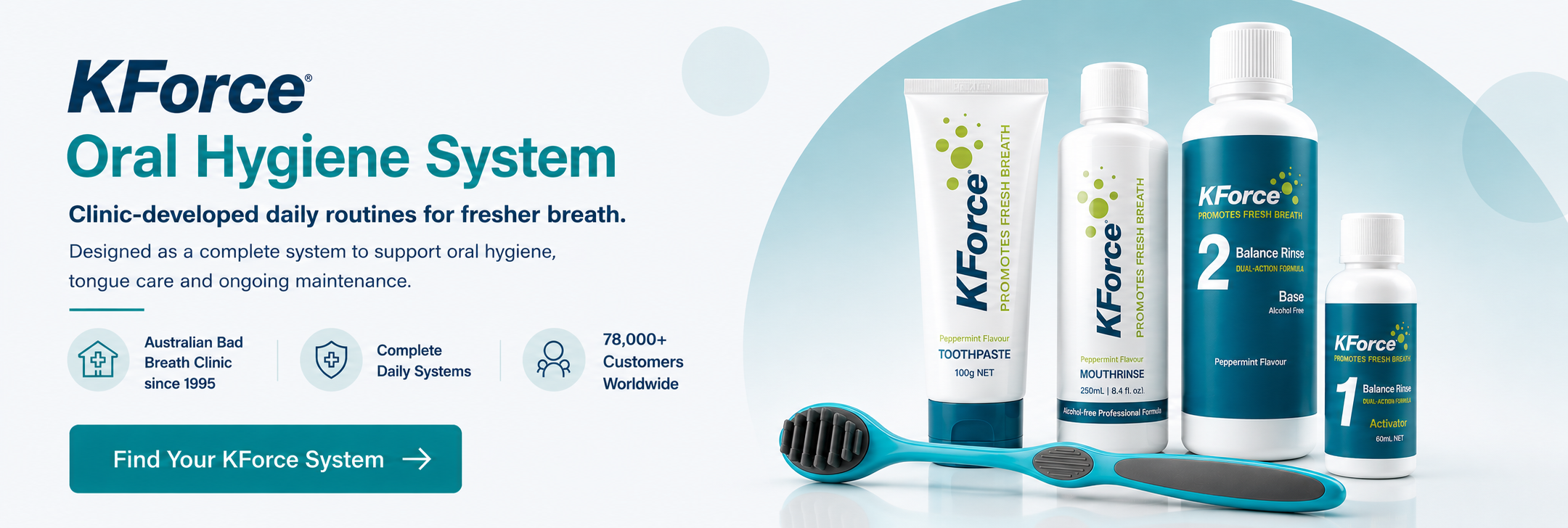 KForce Oral Hygiene System advertisement featuring a toothbrush, toothpaste tube, mouthwash bottles, and a small oral rinse bottle on a light blue and white background with promotional text.