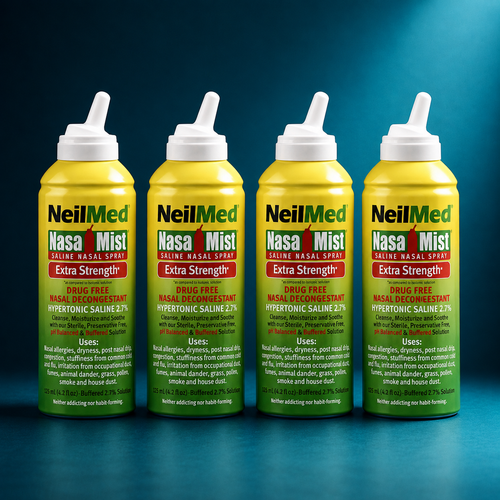 Four bottles of NeilMed Nasa Mist Extra Strength saline nasal spray arranged in a row against a dark blue gradient background.